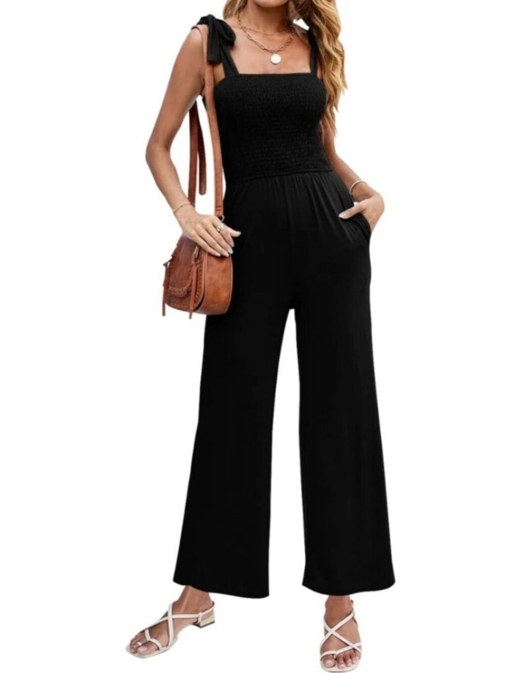 Zesica Womens Black Jumpsuit With Smocked Bodice & Bow Tie Straps Size M Casual